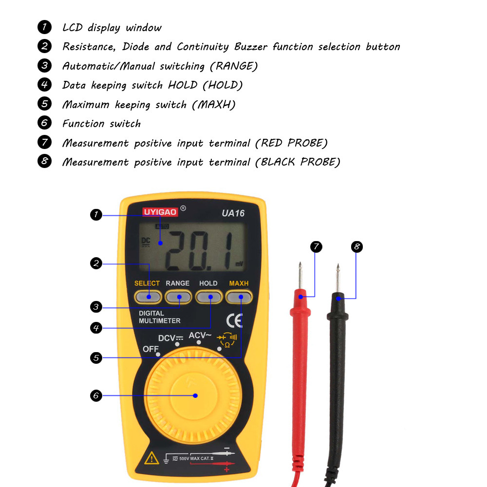UYIGAO Brand New Digital Multimeter Portable Mini Auto multimetro DMM Voltmeter Ohmmeter ACDC Voltage Resistance Continuity Test