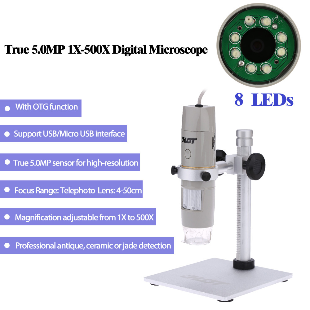 1X 500X USB Microscope OTG Function True 5.0MP Video Camera 8LED Magnification Digital Zoom Magnifier with Holder 4 50cm Focus