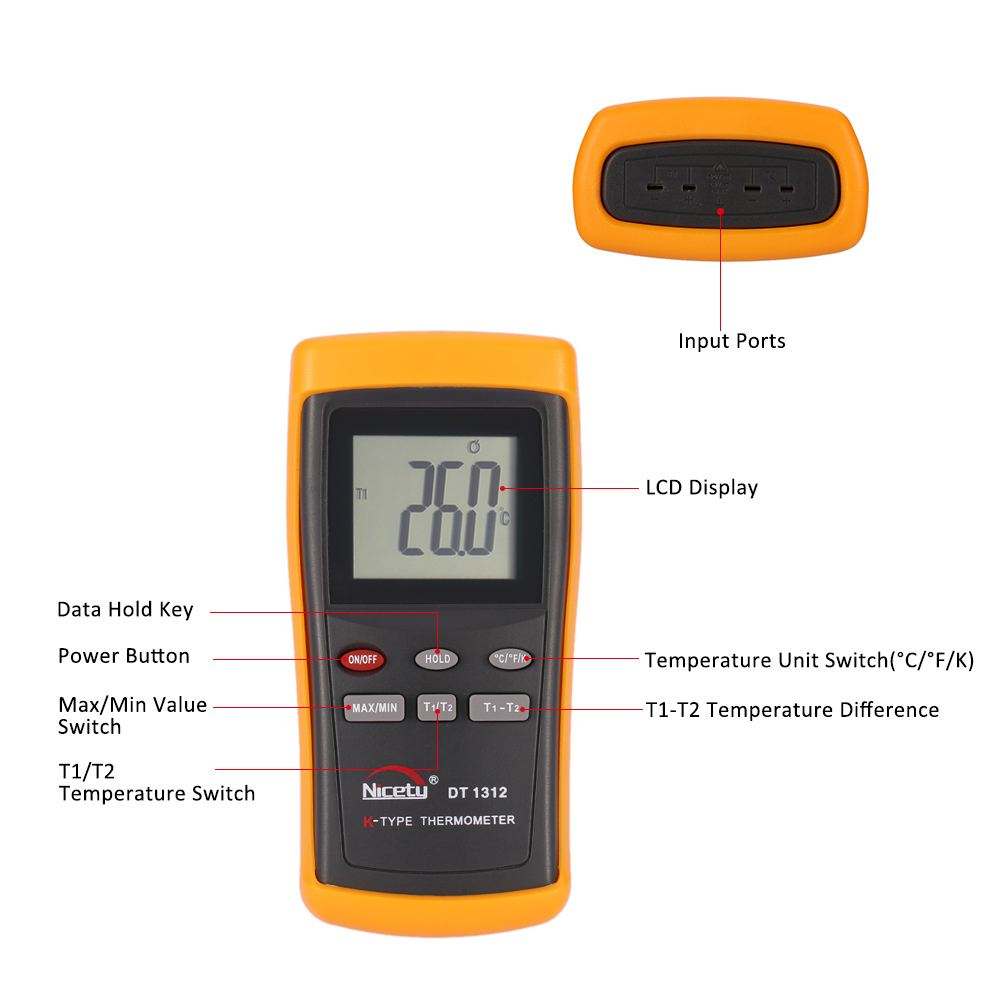 Nicety DT1312 Handheld Digital 2 Channel Thermometer Temperature Meter K Type Thermocouple Sensor 200~1370 C thermal regulator