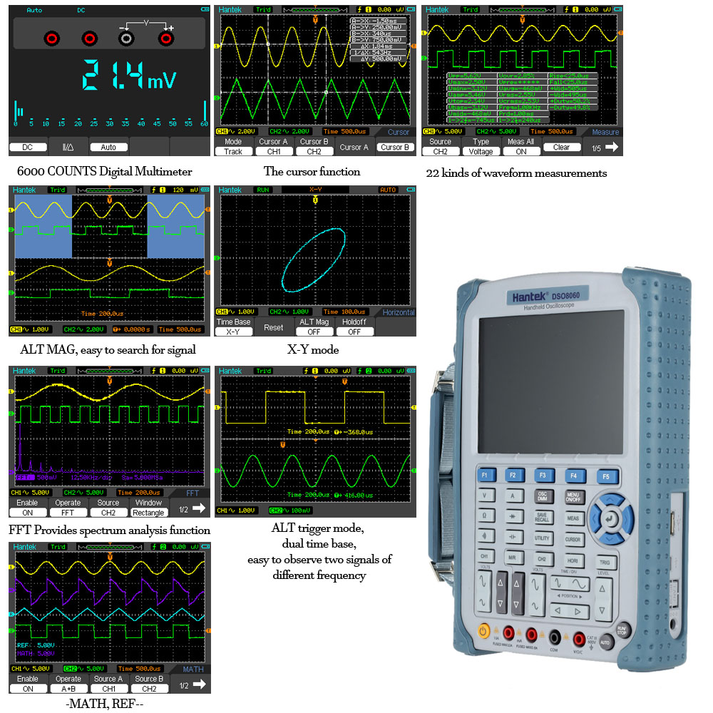 Hantek DSO8060 Mini Digital Oscilloscope Handheld Industrial Multimeter 60MHz 250MSa s 2 Channels 5 in 1 Mobile Laboratories