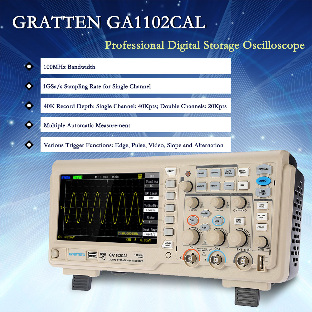 Professional Digital Storage Oscilloscope 2CH 100MHz osciloscopio 1GSa s 7 TFT Display diagnostic tool GRATTEN GA1102CAL