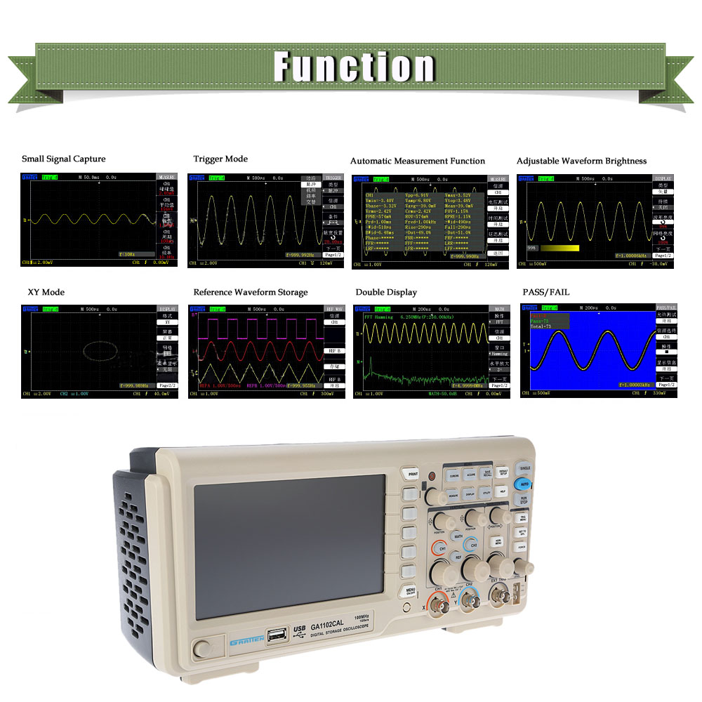 Professional Digital Storage Oscilloscope 2CH 100MHz osciloscopio 1GSa s 7 TFT Display diagnostic tool GRATTEN GA1102CAL