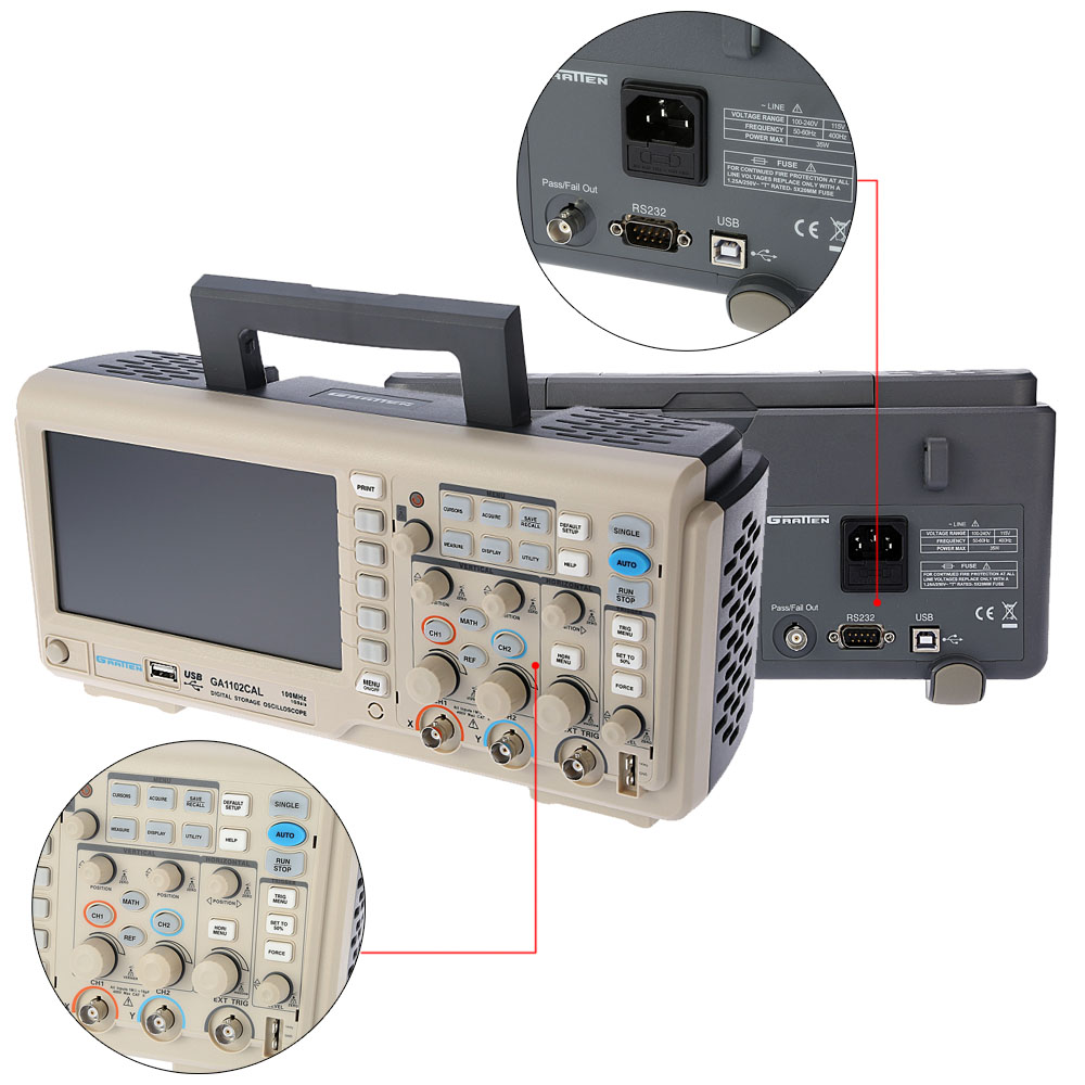 Professional Digital Storage Oscilloscope 2CH 100MHz osciloscopio 1GSa s 7 TFT Display diagnostic tool GRATTEN GA1102CAL