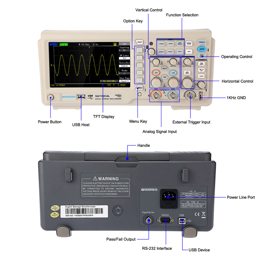 Professional Digital Storage Oscilloscope 2CH 100MHz osciloscopio 1GSa s 7 TFT Display diagnostic tool GRATTEN GA1102CAL