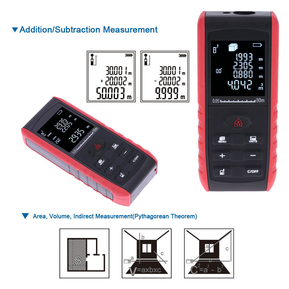 80m Digital Laser Distance Meter Portable Laser rangefinder Handheld Range Finder Area Volume Measurement with Angle Indication