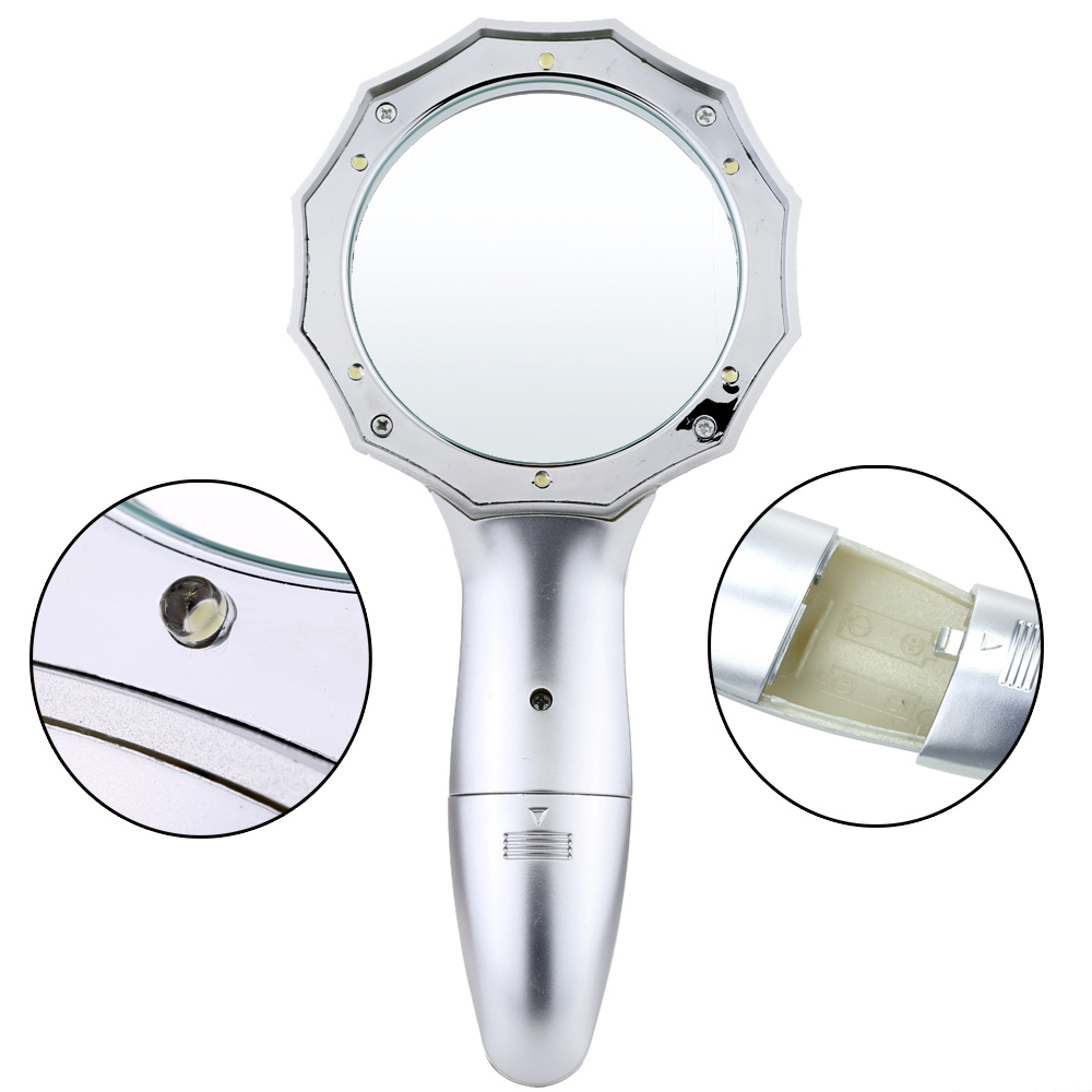70mm 4X Handheld Lighted Stand Magnifier Magnifying Glass with 6 LED Light Multifunctional Loupe Portable Magnifying Tool