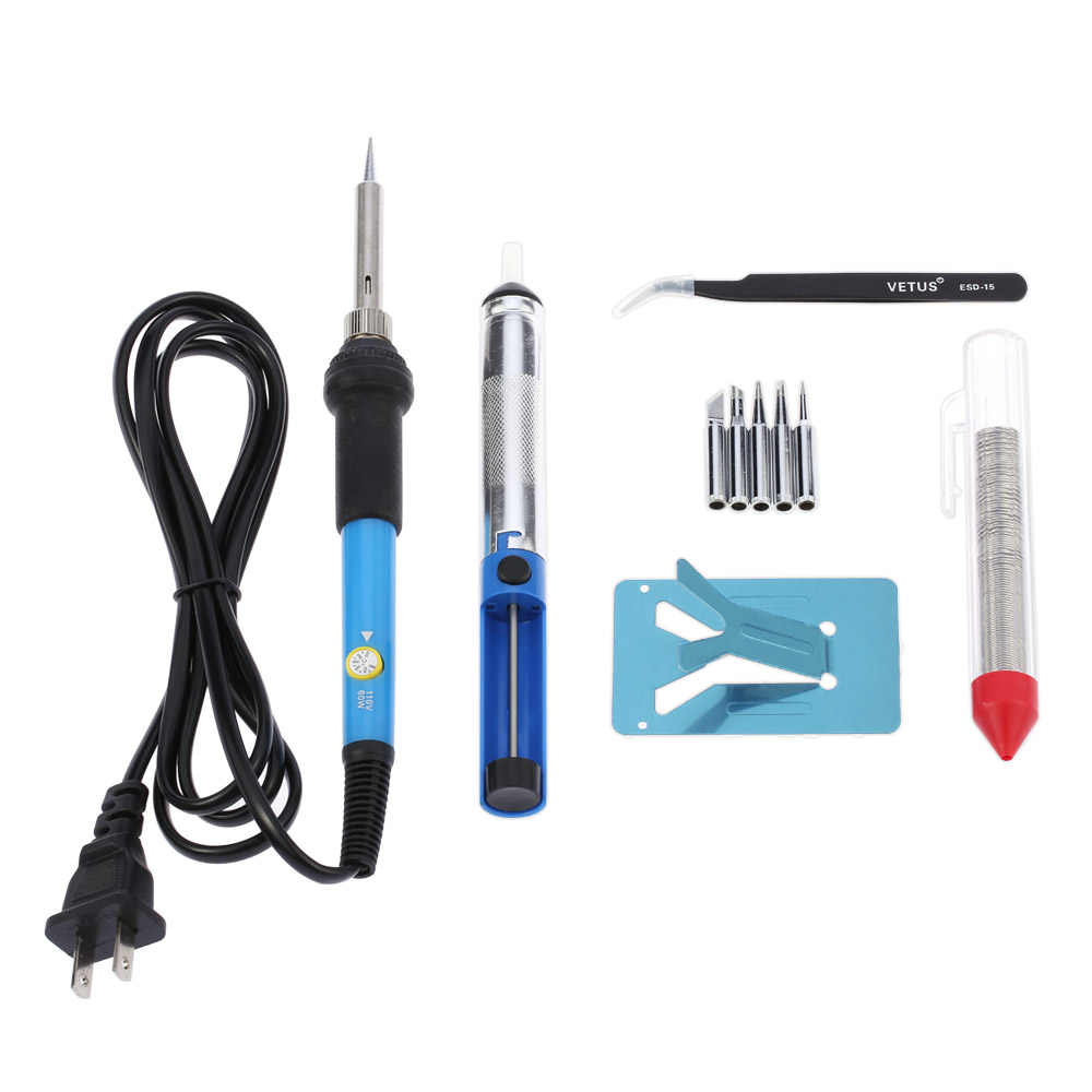 10 in1 Adjustable Electric Soldering Iron Kit 5pcs Tips Desoldering Pump Stand Tweezers Solder Iron for Repaired Usage 60W 220V