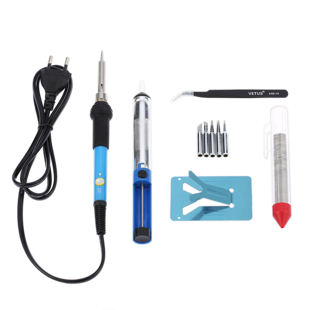10 in1 Adjustable Electric Soldering Iron Kit 5pcs Tips Desoldering Pump Stand Tweezers Solder Iron for Repaired Usage 60W 220V