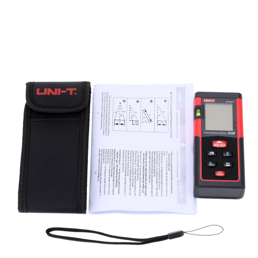 UNI T UT391+ Good Laser Rangefinder Handheld 60m Digital Laser Distance Meter Distance Area Volume Self calibration Level Bubble