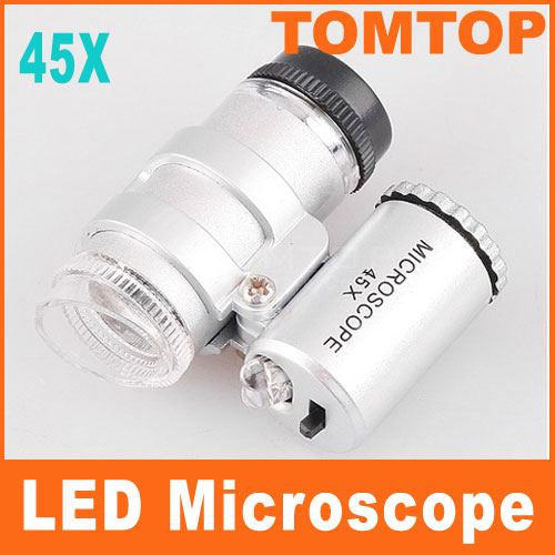45X 2 LED Mini Microscope Silver Portable Magnifier Pocket Jeweler Loupes Glass Lens Magnifying Glass Optical Instruments